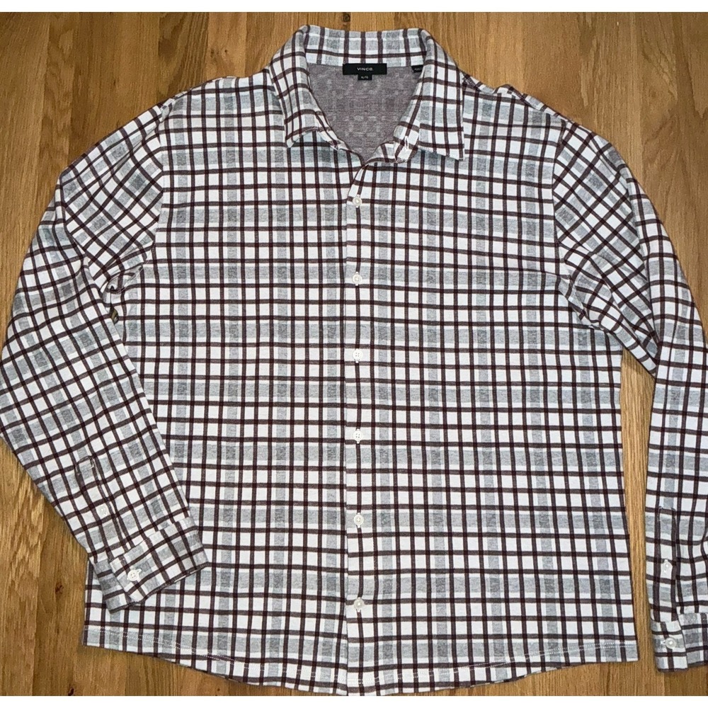 Vince Heavyweight Flannel Shirt XL Brown Beige Plaid Cotton Button Up Overshirt